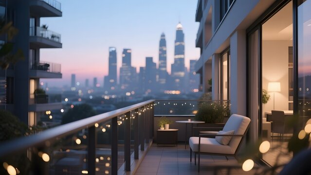 Modern Apartment Balcony with City Skyline View at Dusk