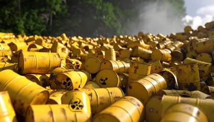 Yellow barrels, hazardous waste, littered landscape