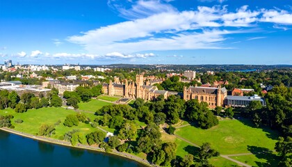 Fototapeta premium Panoramic view of a university campus, situated amidst a city landscape, with lush greenery and a serene lake