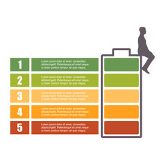 Businessman sitting on high full level energy battery with five features or option of project to select. Minimal infographic illustration for business and health care information visualization.