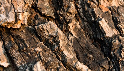 Close-up of dark, textured tree bark with deep fissures and varying shades of brown and black