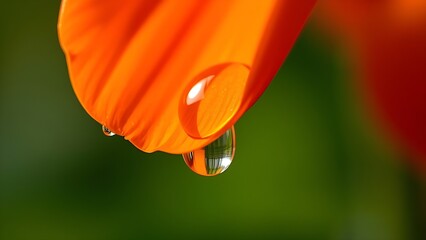 Macro view of an orange flower petal with a water droplet, capturing the beauty of nature in morning light.