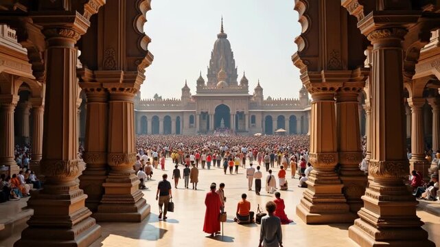 Aerial 4K video footage captures a stunning temple entrance, prayer halls, and bustling open spaces filled with devoted worshippers, ideal for travel documentaries and cultural projects.