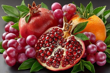 Juicy pomegranate seeds and citrus fruit collection high resolution image
