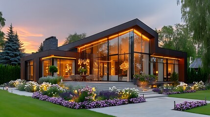 Luxury modern house exterior with glass windows high resolution image