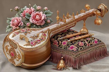 Luxurious violin with intricate gold carvings high resolution image