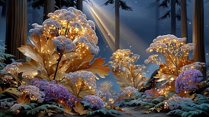 Magical forest landscape with glowing trees and stars high resolution image