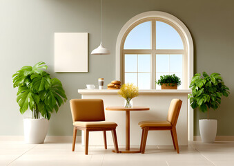 Restaurant Branding Aesthetic Interior. Cozy dining area with plants and natural light.