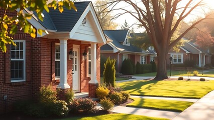 Charming suburban house with red brick facade and white trim bathed in morning sunlight.