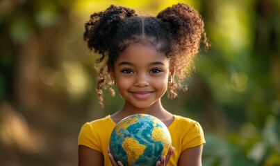 Happy Earth Day portrait of a young Black girl holding a globe against a world map background, promoting awareness of global sustainability and the importance of environmental, Generative AI