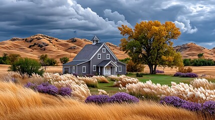 Majestic tree standing by country house high resolution image