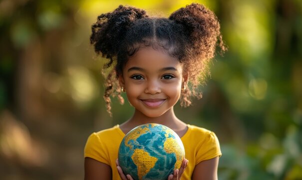 Happy Earth Day portrait of a young Black girl holding a globe against a world map background, promoting awareness of global sustainability and the importance of environmental, Generative AI