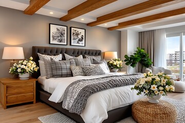 Modern cozy bedroom with wooden ceiling beams high resolution image