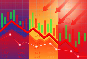 Romania Economy. Flag of Romania with Falling Financial Graph. Economic Crisis and Global Recession Concept. Vector Illustration.  