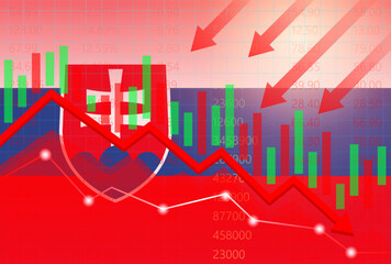 Slovakia Economy. Flag of Slovakia with Falling Financial Graph. Economic Crisis and Global Recession Concept. Vector Illustration.  