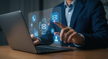 Person interacting with futuristic transparent interface. Augmented reality technology concept. High-tech digital UI with email and phone icons.