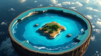 A cutaway Earth core reveals an azure ocean with floating islands, defying natural laws.