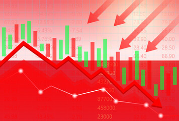 Poland Economy. Flag of Poland with Falling Financial Graph. Economic Crisis and Global Recession Concept. Vector Illustration.  