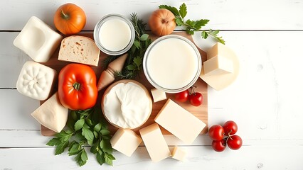 Fresh dairy products arranged on a rustic wooden surface, emphasizing natural and wholesome appeal.