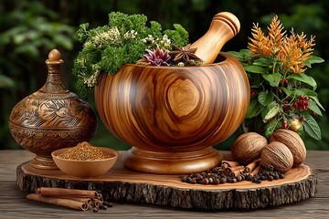 Mortar and pestle on wood table high resolution image