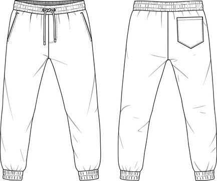 Mens jogger pants technical flat sketch, vector cad illustration, fashion design template, front and back view, garment drawing, outline