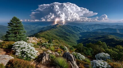 Mountain ridge with storm clouds and lightning high resolution image