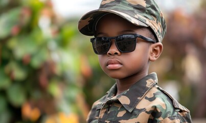 Young Black child wearing a camouflage army soldier uniform as part of a war soldier Halloween costume, showcasing creative and inclusive Halloween costumes that allow children, Generative AI