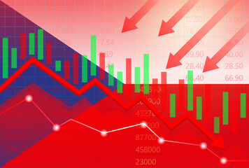 Czech Economy. Flag of Czech with Falling Financial Graph. Economic Crisis and Global Recession Concept. Vector Illustration.  