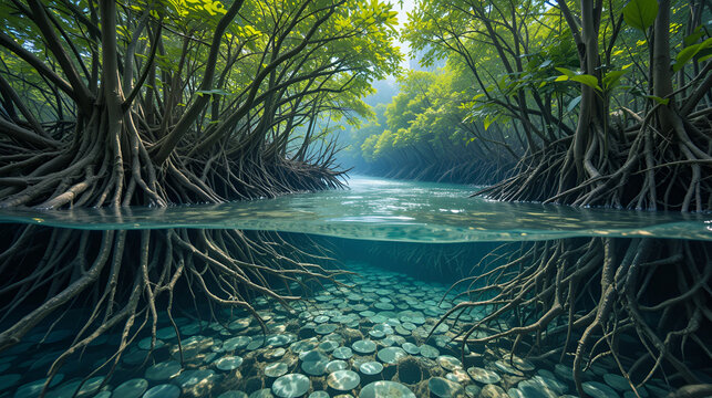 Mangrove trees intricate prop roots and pneumatophores in coastal ecosystems