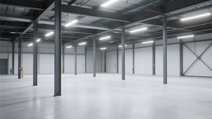Empty Industrial Warehouse with Concrete Floor and Metal Beams