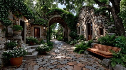 Mysterious medieval ruins surrounded by greenery path high resolution image