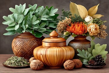 Natural dried herbs with antique decorative pots high resolution image
