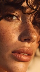 Freckled beauty captivating close-up portrait of a woman in an urban lifestyle setting