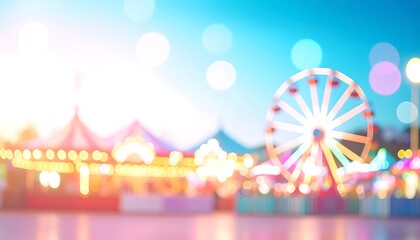 Blurred carnival scene at dusk, Ferris wheel prominent