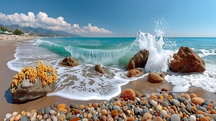 Ocean tide splashing on shoreline rocks and pebbles high resolution image
