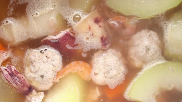 Boiling Winter Melon Soup with Minced Pork Meatball. Asian food
