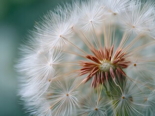 Delicate white dandelion seeds against a blurred green background.