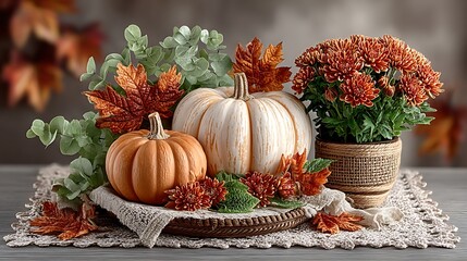 Orange and white pumpkins with autumn flowers high resolution image