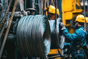Obraz premium Steel cables coiled on a drilling rig. Workers handling the cables