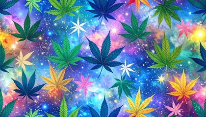 Colorful cannabis leaves scattered across a vibrant nebula backdrop