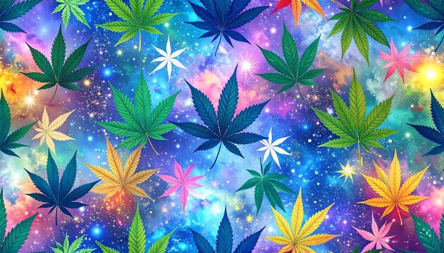Colorful cannabis leaves scattered across a vibrant nebula backdrop