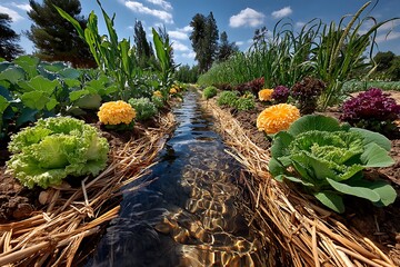 Organic vegetable garden with clean irrigation system high resolution image