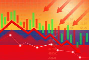 Colombia Economy. Flag of Colombia with Falling Financial Graph. Economic Crisis and Global Recession Concept. Vector Illustration.  