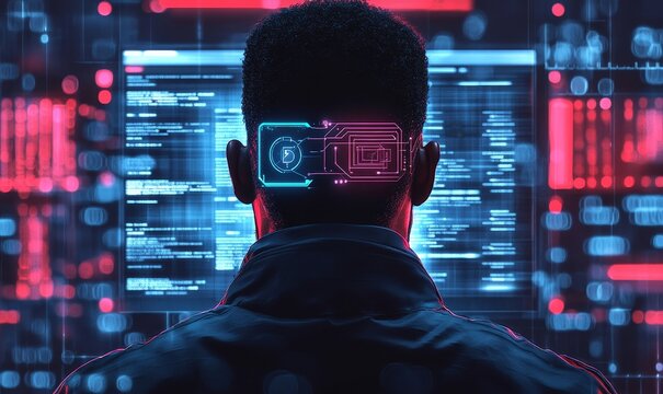 AI cybersecurity threat illustration, featuring a Black African American IT specialist. The image showcases the integration of artificial intelligence in cybersecurity, emphasizing, Generative AI