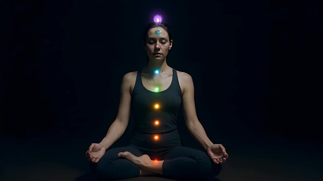 Woman meditating, with a seven chakras light depend of the chakra level in dark room background Seamless Looping