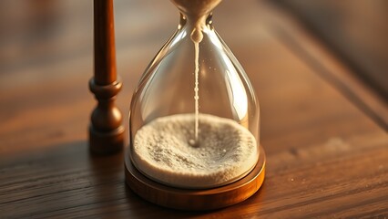 A close-up of an hourglass with flowing sand on wood, symbolizing the passage of time with warm lighting.