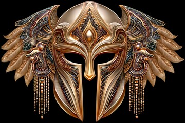 Ornamental warrior helmet with golden floral elements high resolution image