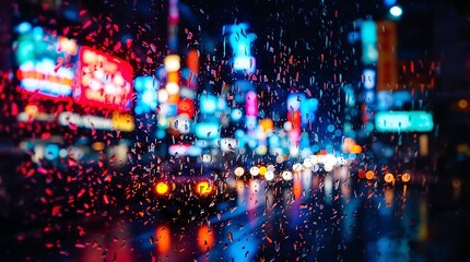 City lights through a rain splattered window at night with neon signs and blurred street lights view