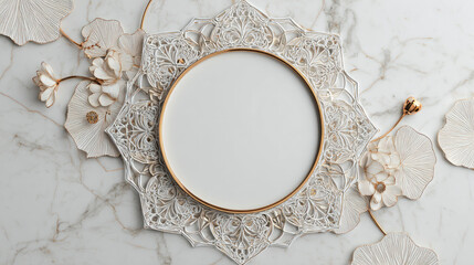 3d Minimal Mandala frame background with gold lines, boho style, centered empty space, floral ornament, line art, decorative