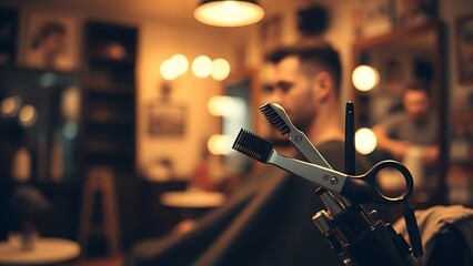 Barber shop scene highlighting hairstyling tools in warm ambient light.